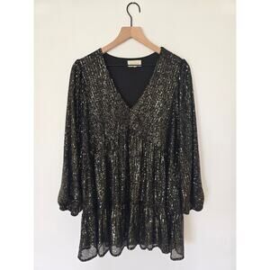 Melloday Black Gold Metallic Pleated Tunic Dress Size L Long Sleeve